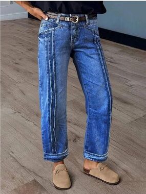 Flamingals Crop Straight Leg Loose Fit Pleated Roll Hem Jeans size Medium